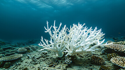 Fototapeta na wymiar A vibrant coral reef bleached white underwater showing the impact of ocean warming.