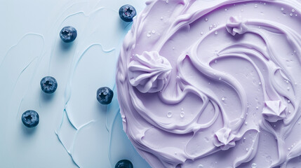 Purple creamy cake on blue background with blueberries .Pastel colors. Top view.