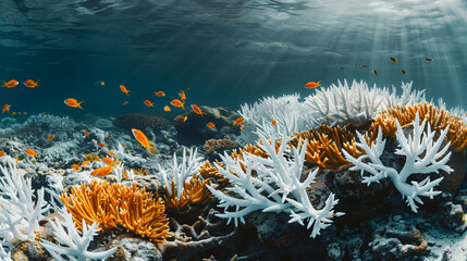 A vibrant coral reef bleached white underwater showing the impact of ocean warming. - obrazy, fototapety, plakaty