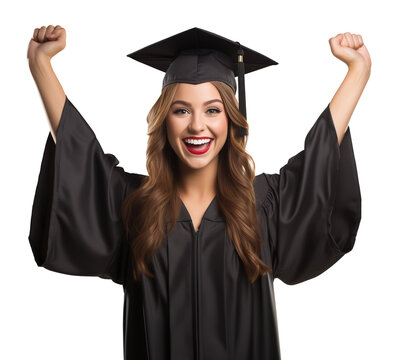 Happy Female Hooray Celebrating College Graduation Isolated on Transparent Background
