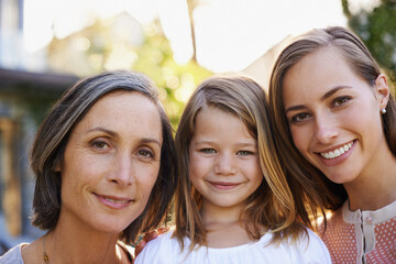 Happy family, mother and grandmother or child with portrait outdoor with relax, summer holiday and...