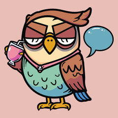 Funny owl bird cartoon character with cocktail glass. Party cheers