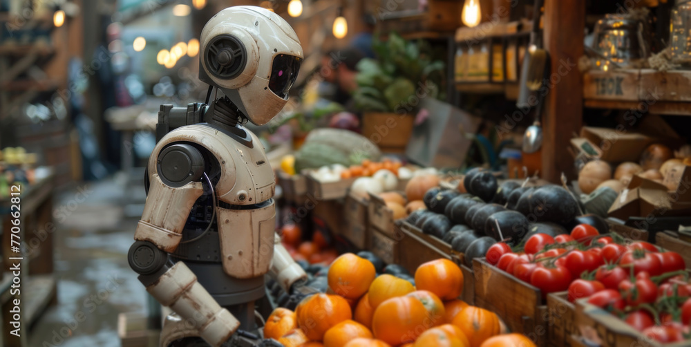 Poster robot standing in front of produce stand