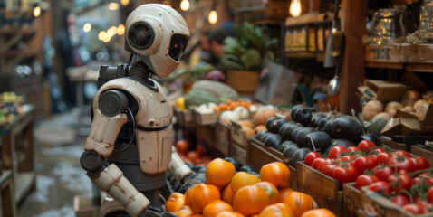Robot Standing in Front of Produce Stand - obrazy, fototapety, plakaty