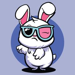 Funny grumpy bunny rabbit cartoon character with glasses vector drawing