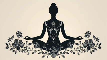silhouette of yoga woman floral ornament. generative ai 