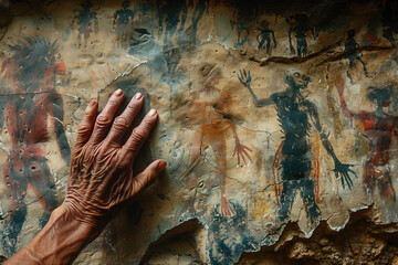cave painting, the hand of an indigenous person touches an ancient stone with mysterious silhouettes depicted on it