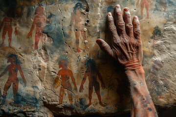 cave painting, the hand of an indigenous person touches an ancient stone with human figures depicted on it