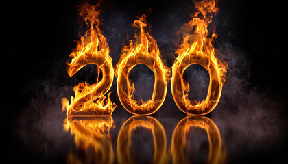 Number 200 made of fire flame on black background. Hot orange blaze. 3D rendering. Fiery symbol.