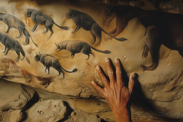 cave painting, the hand of an indigenous person touches an ancient stone with mysterious creatures...