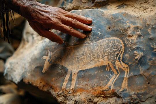 cave painting, the hand of an indigenous person touches an ancient stone with animals depicted on it