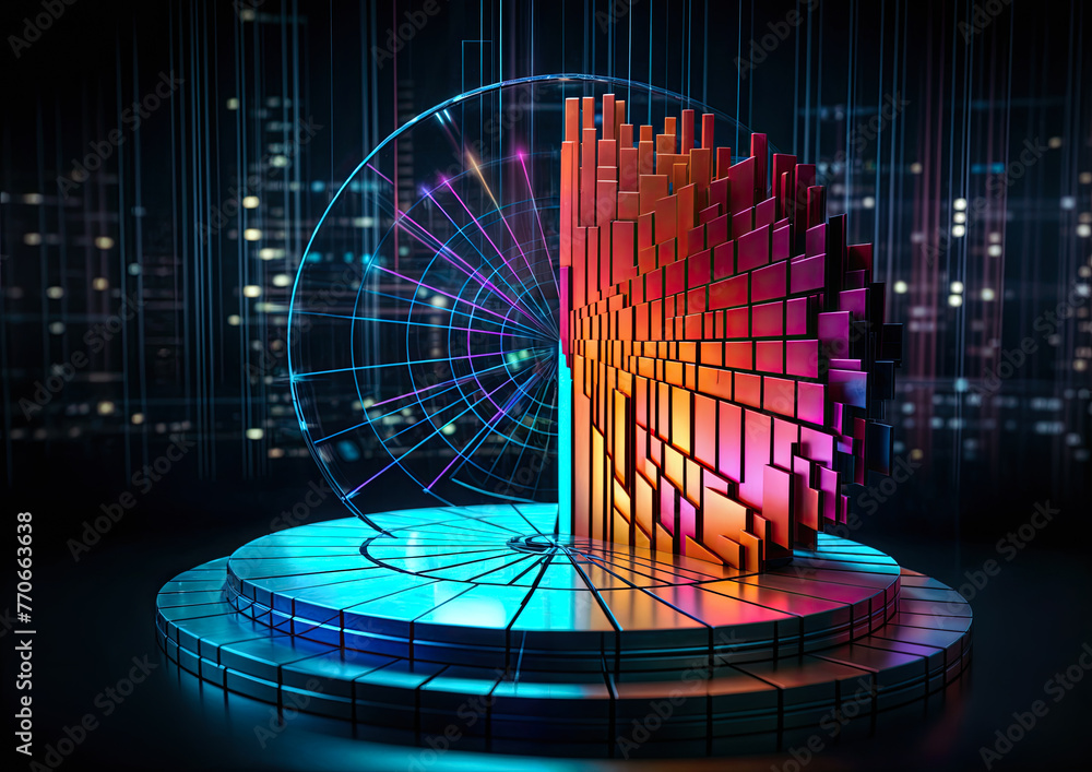 Poster 3d illustration of pie chart in neon light. 3d rendering