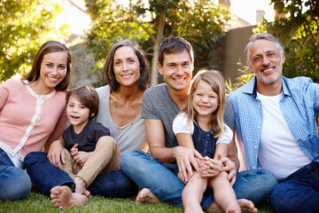 Fototapeta premium Big family, happiness and portrait in garden for love or bonding, care and memories together. Generations, backyard and relax in summer for relationship growth or connection with unity and affection.