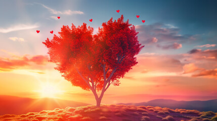 Árvore em formato de coração vermelho  - obrazy, fototapety, plakaty