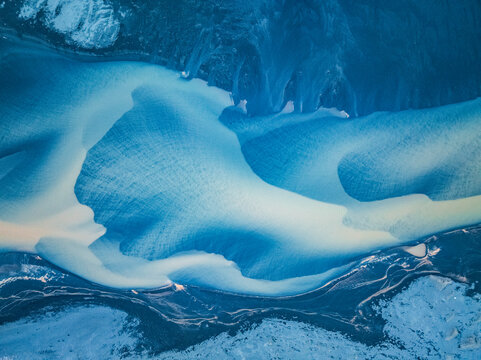 Aerial view of glacial river, Hvolsvollur, Southern Region, Iceland.