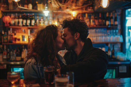 Romantic couple kissing at a cozy bar with ambient lighting