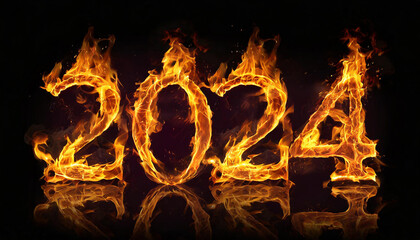 Number 2024 made of fire flame on black background. Hot orange blaze. 3D rendering.
