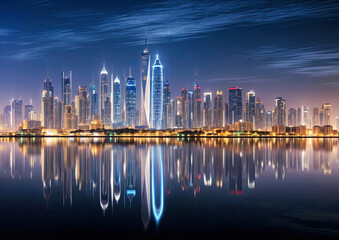 skyline at night with reflection
