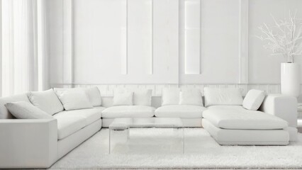Sunny all-white modern room interior design with cozy sofa, glossy concrete floor, book shelf, armchair and big windows.