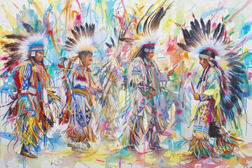 A detailed painting depicting a group of Native Americans engaged in various activities, showcasing their traditional clothing, weapons, and cultural practices