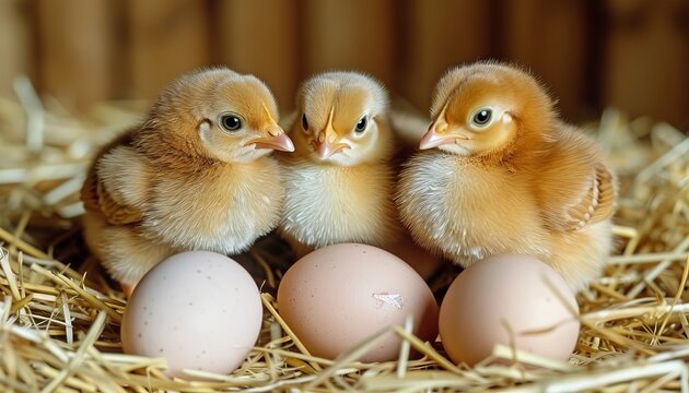 A baby chick is standing in front of three eggs