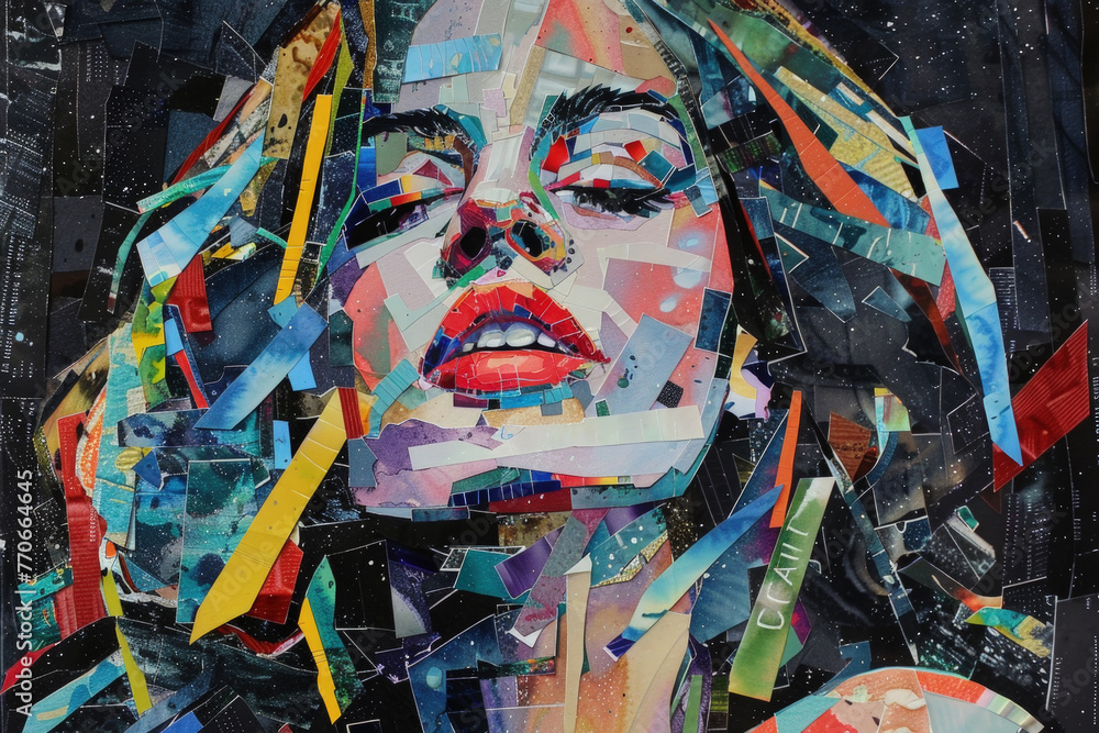 Poster a vivid and expressive abstract painting portrays a womans face with bold, fragmented shapes and vib