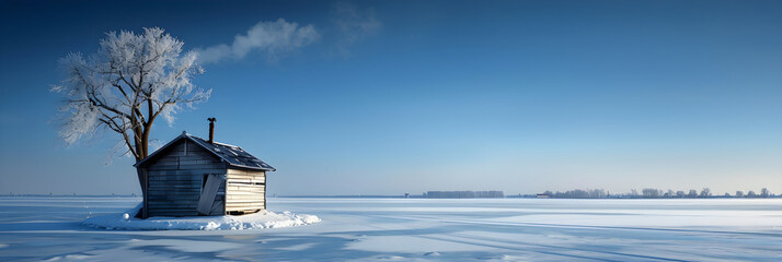 Silent Solitude: A solitary ice fishing hut stands undisturbed on the frozen expanse of an isolated winter lake