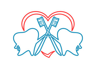 Contour icon of healthy teeth with toothbrushes and heart on a white background.