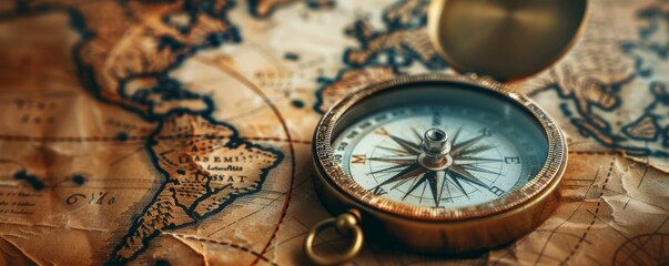 Fototapeta na wymiar Vintage compass on an old world map, symbolizing exploration and travel