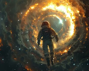 Spaceship, futuristic outfit, exploration team, entering a glowing wormhole in deep space, surrounded by stars, nebulas Realistic, Backlights, Depth of Field Bokeh Effect - obrazy, fototapety, plakaty