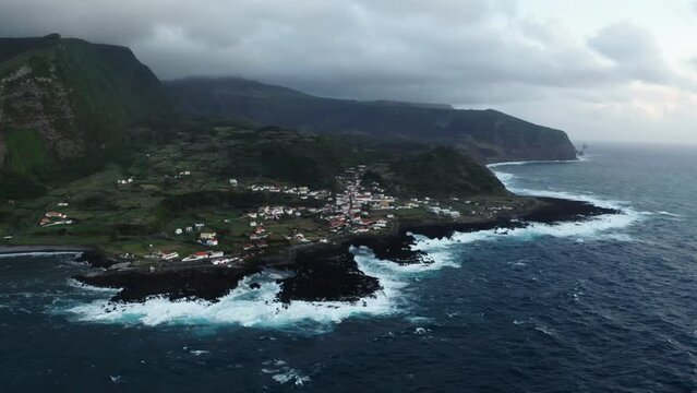 Aerial view of Cascata do Poco do Bacalhau, Faja Grande, Azores Islands, Portugal