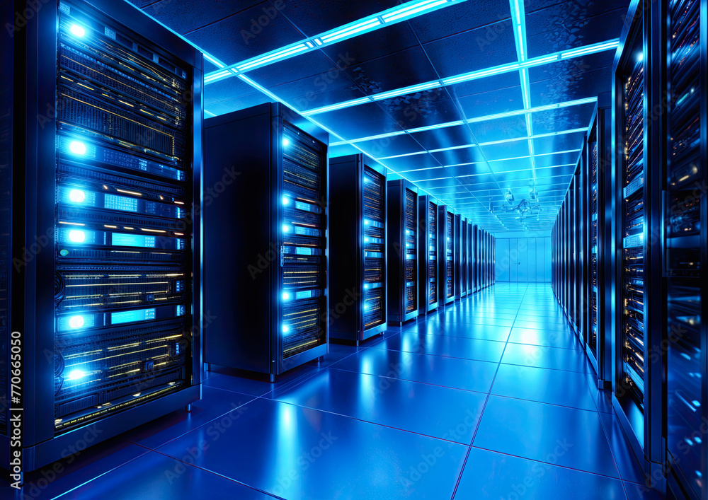 Poster 3d rendering of server room data center with hard drives in blue light