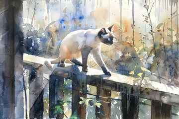 A realistic painting of a cat confidently standing on a narrow rail with a subtle background