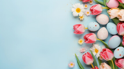 frame with colorful painted easter eggs and tulips on blue pastel background 