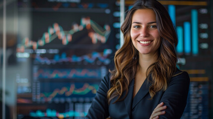 business woman standing in front of a stock market board