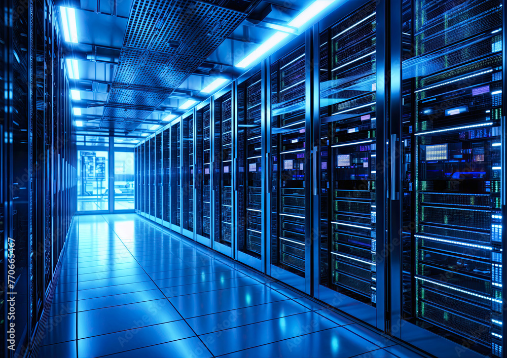 Poster server room with hard drives in data center 3d rendering image.