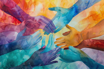 This painting depicts numerous hands of different skin tones reaching out to each other, symbolizing unity, diversity, and connection