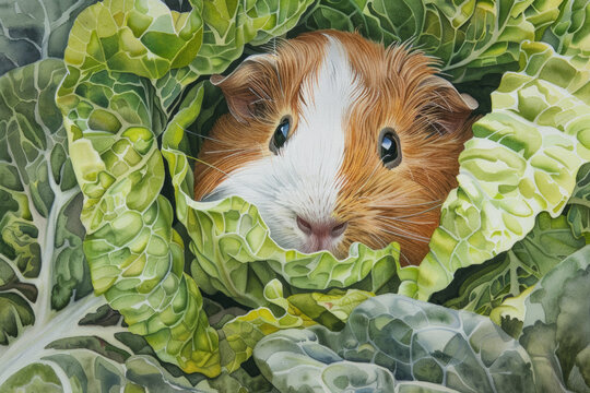 A painting depicting a brown and white guinea pig curiously peeking out from behind lush green leaves in a garden setting