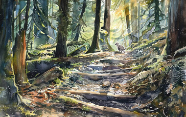 A painting depicting a winding path cutting through a dense forest, with vibrant green foliage and dappled sunlight filtering through the trees