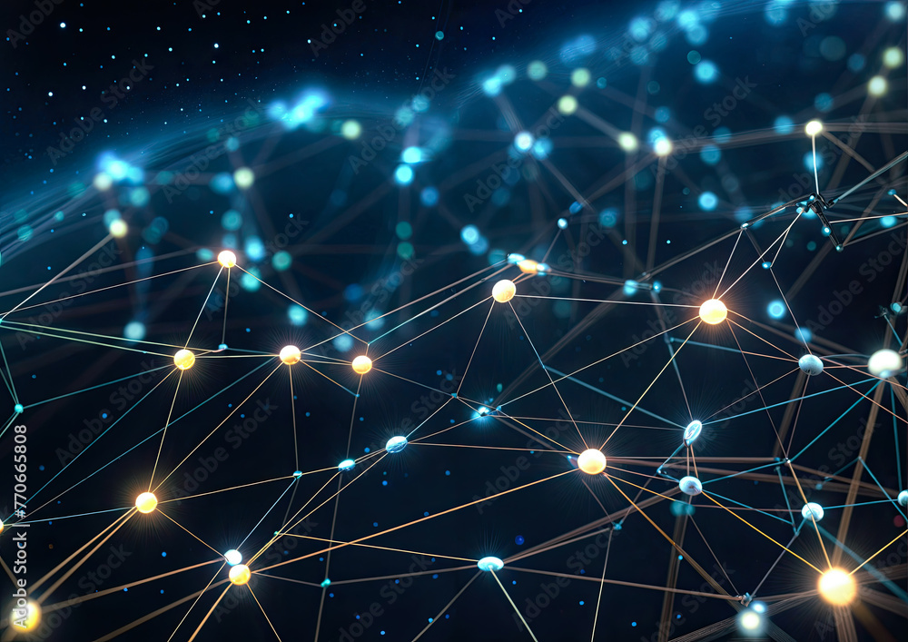 Poster 3d rendering of network connection with glowing dots and lines on dark background