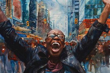 Excited african american man with raised arms in the midst of celebration, surrounded by bustling city life and tall buildings