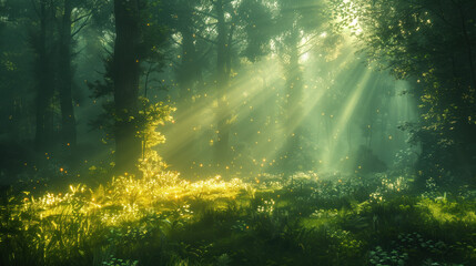 a forest clearing with sunlight penetrating through the trees on a foggy morning - obrazy, fototapety, plakaty