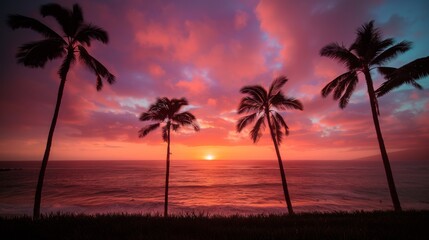 Fototapeta na wymiar A beautiful sunset over the ocean with palm trees in the background