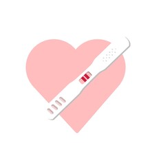 Positive pregnancy test. Future mother, maternity. Illustration with hearts.