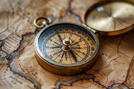 Antique compass on a vintage map conveying exploration and adventure