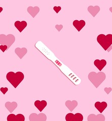 Positive pregnancy test. Future mother, maternity. Illustration with hearts.