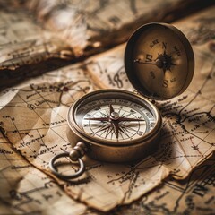 Fototapeta na wymiar Vintage compass lying on an old world map with a classic vibe