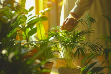 Serene Indoor Gardening Activity with Sunlight Pouring on Potted Plants and Person's Hands