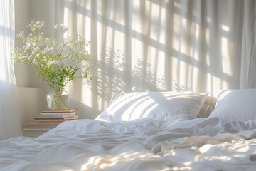 Fototapeta na wymiar Cozy bedroom with morning light and books