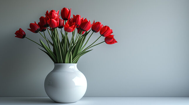 white ceramic vase with a bouquet of red tulips on a light background. copy space